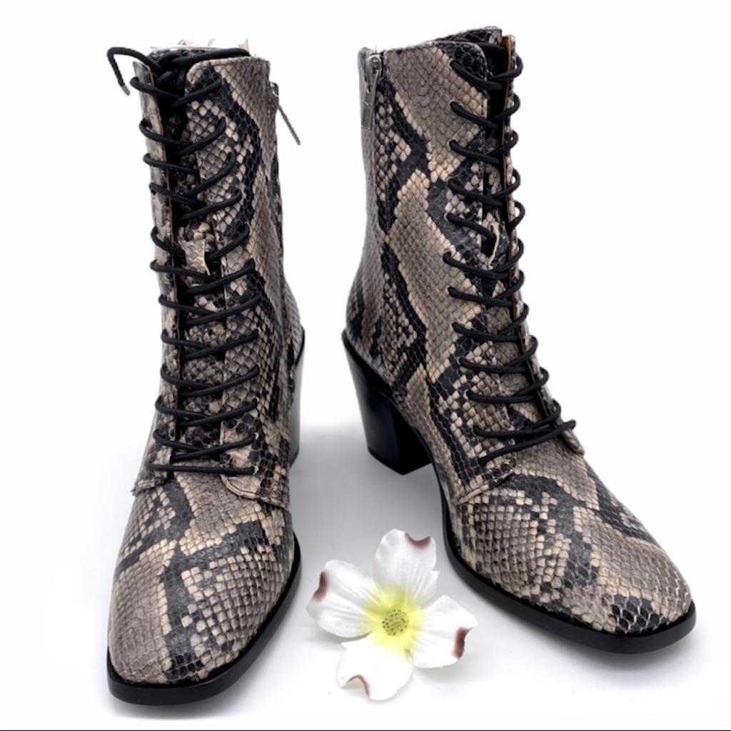 Nib Frye Gray Snake Print Georgia Leather Lace Up Bootie, 5.5